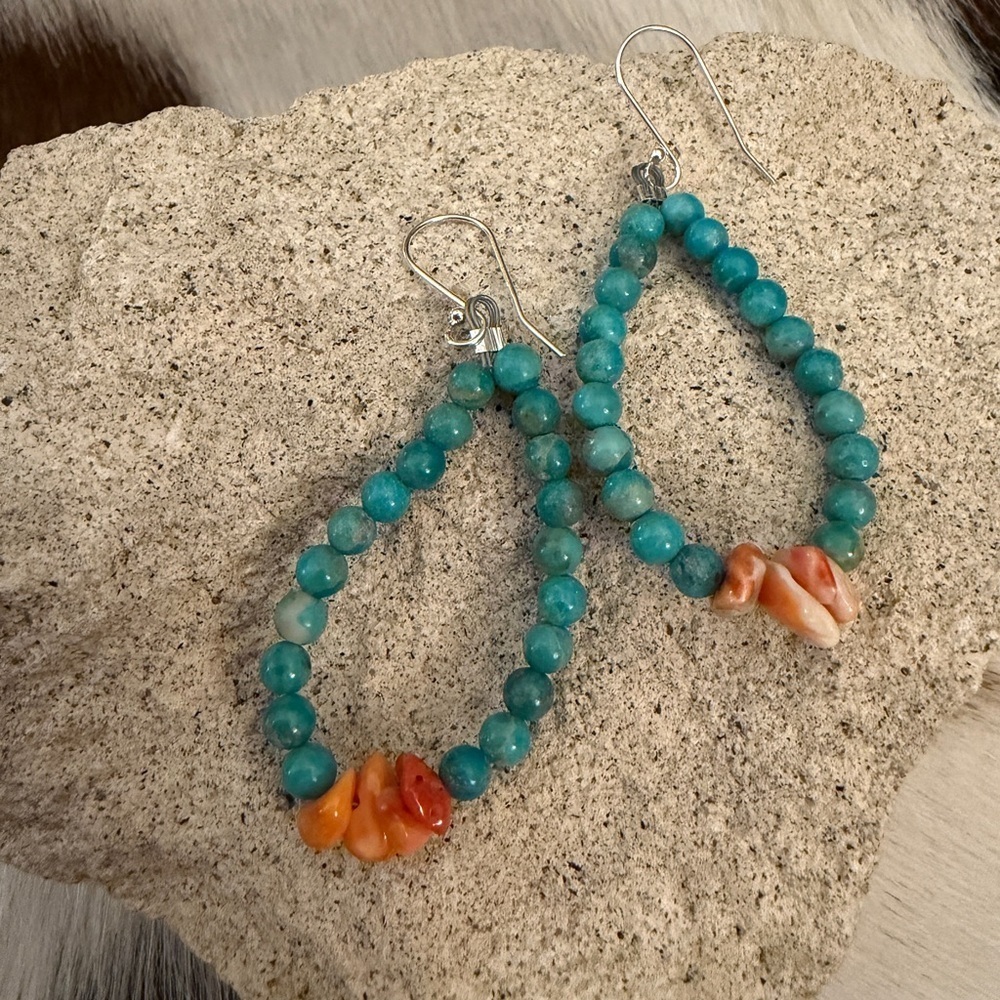 ❤️ Native Made In USA Turquoise & Spiny Oyster 925 Navajo Dangle Drop Earrings